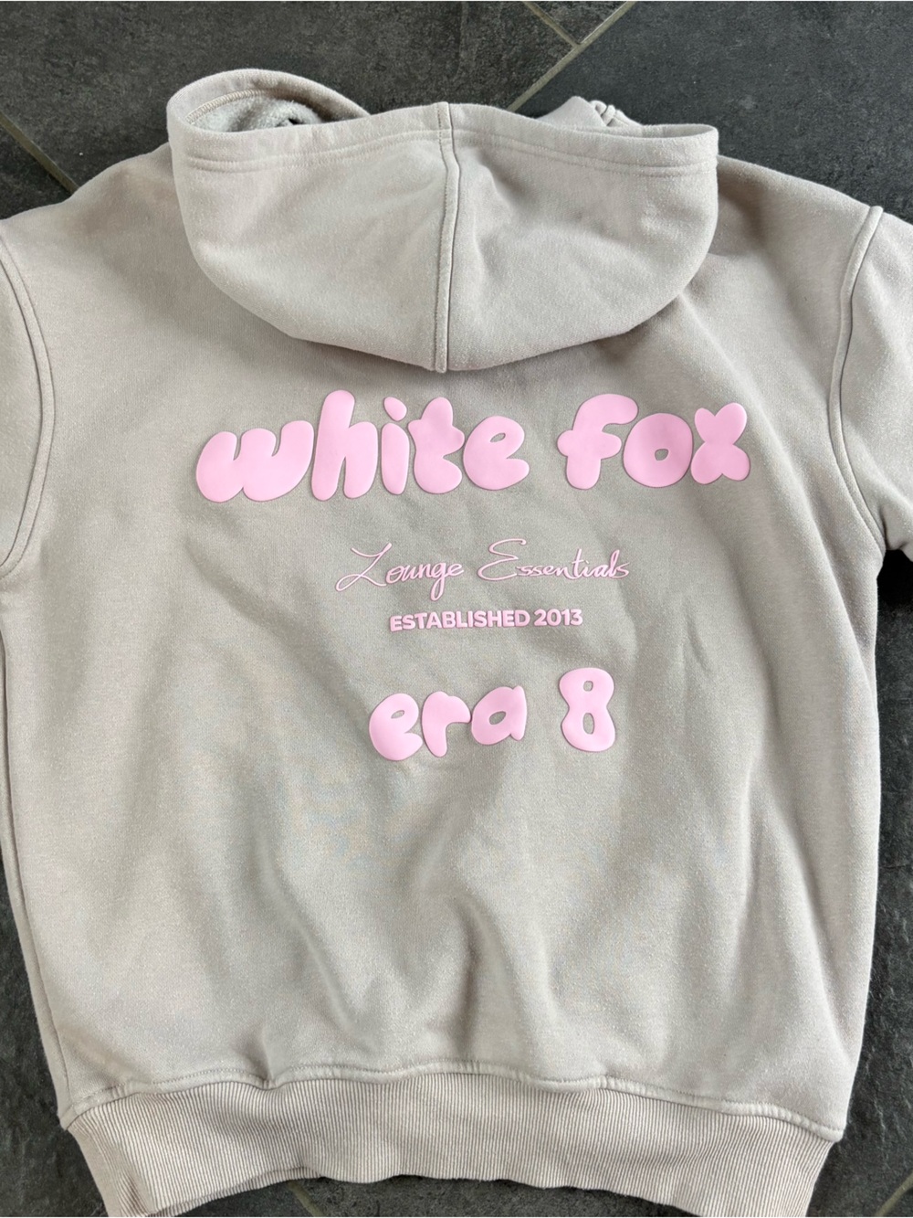 White Fox Boutique Beige Hoodie with Pink Logo
